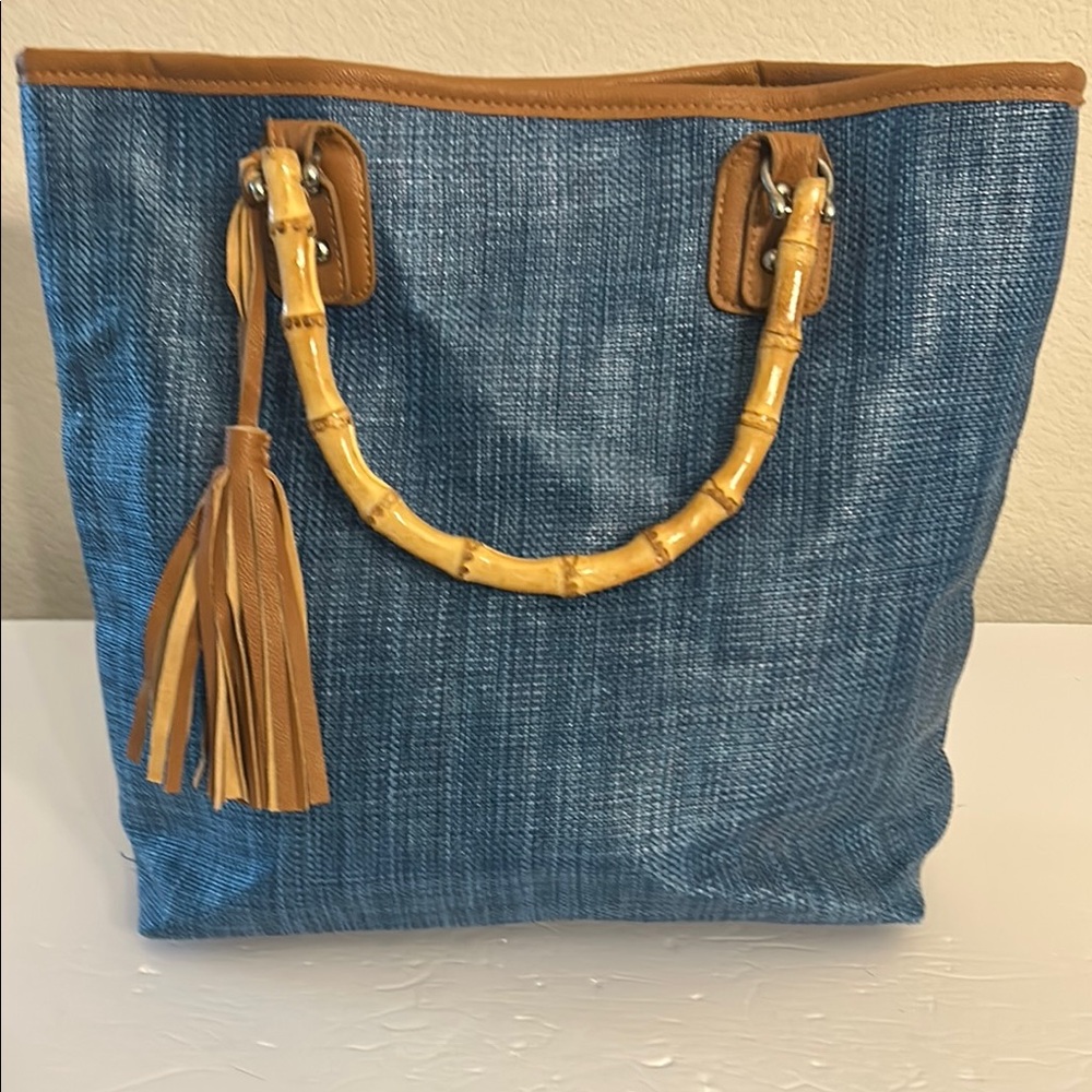 Chic Blue Tote with Bamboo Handles